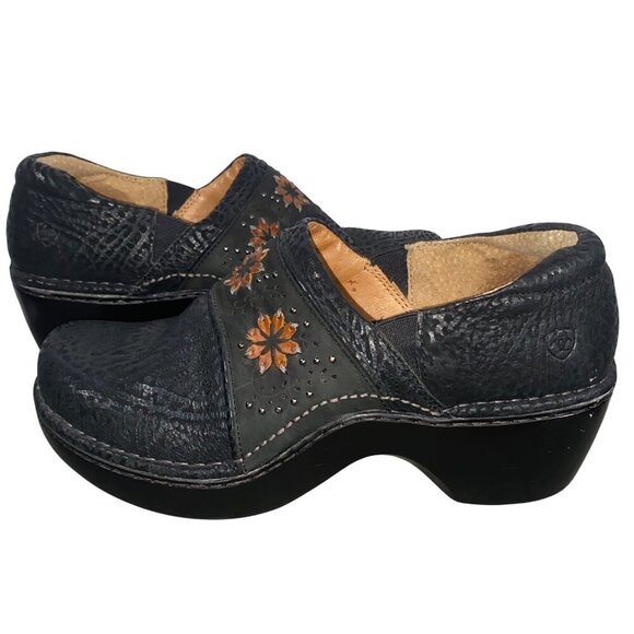 Ariat Womens Black Embossed Leather Clogs With Floral embroidered & studs 10 - Picture 1 of 11